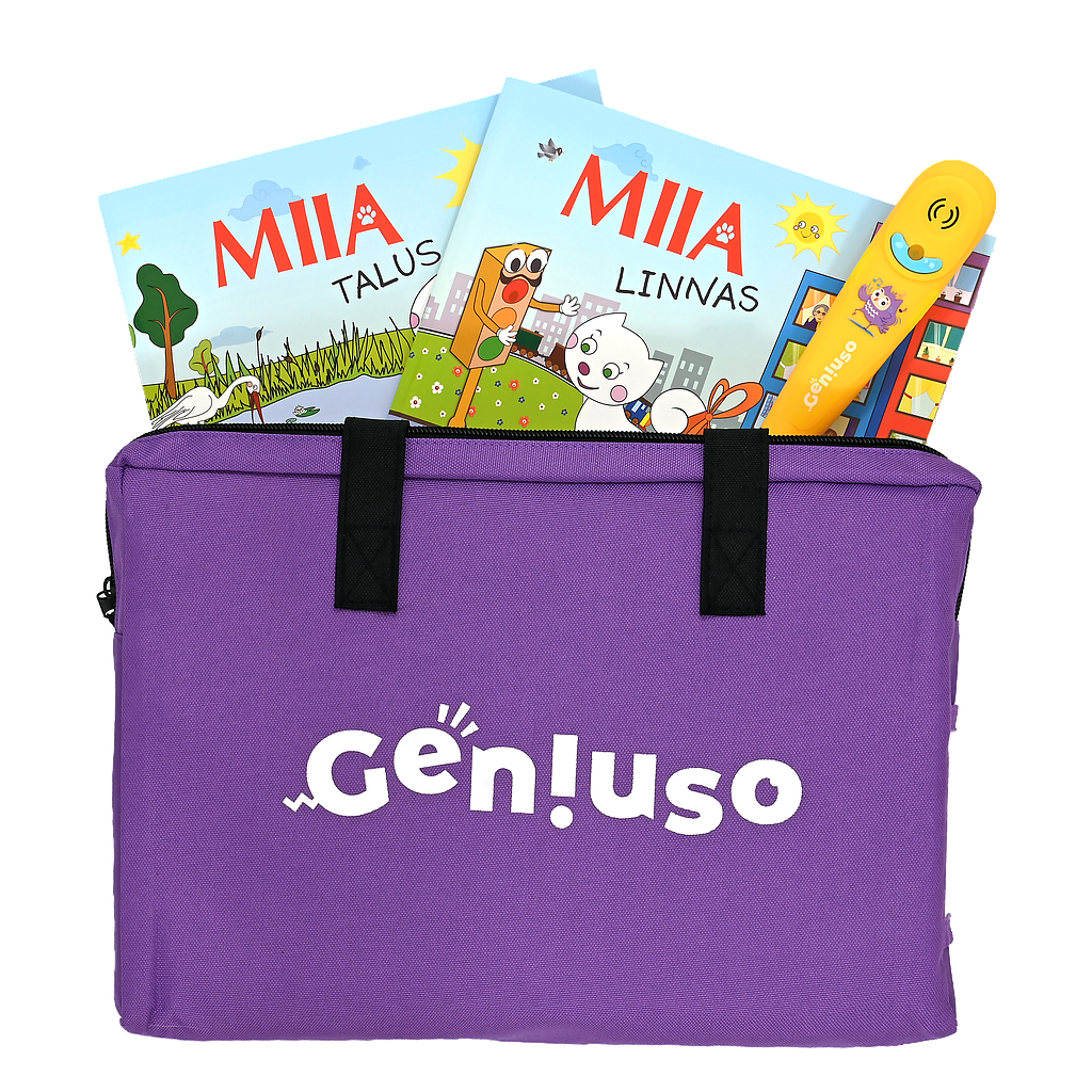 Geniuso MIIA põhikomplekt: pliiats, rääkivad raamatud "Talus" ja "Linnas" ning kandekott